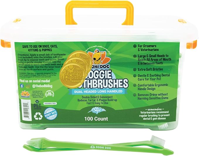 Bodhi Dog Dual-Headed Long Dog & Cat Toothbrush | Puppy Toothbrush with Soft Bristles for Pet Dental Care | Easy Teeth Cleaning Dog Toothbrush, 100 Count