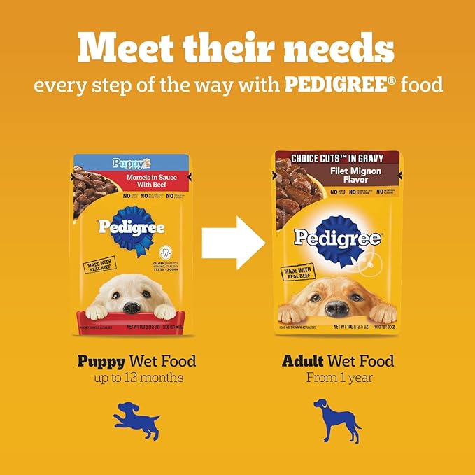 Pedigree Puppy Soft Wet Dog Food Morsels in Sauce with Beef, 3.5 oz Pouches, Pack of 16