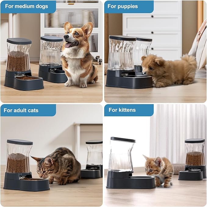 Automatic Dog Water Dispenser Gravity Stainless Steel Water Waterer & Food Feeder Set, Large Capacity Feeding Bowls for Medium & Large-Sized Dogs Cats Other Pets -(1 Gallon x2)