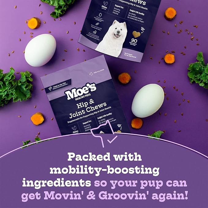 Moe's Glucosamine Dog Joint Supplement + Glucosamine, Chondroitin, Hyaluronic Acid, Vitamin C, E – Bone Health - Joint Pain Relief - Advanced Hip & Joint Care - 90 Chews - Made in USA – All Breeds