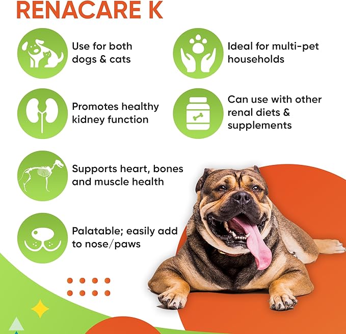 RenaCare K is for Renal K (Potassium Gluconate) Potassium Supplement Powder for Dogs and Cats, (4 oz) with Chicken Liver Flavor - 215 Level Scoop (Made is U.S.A)