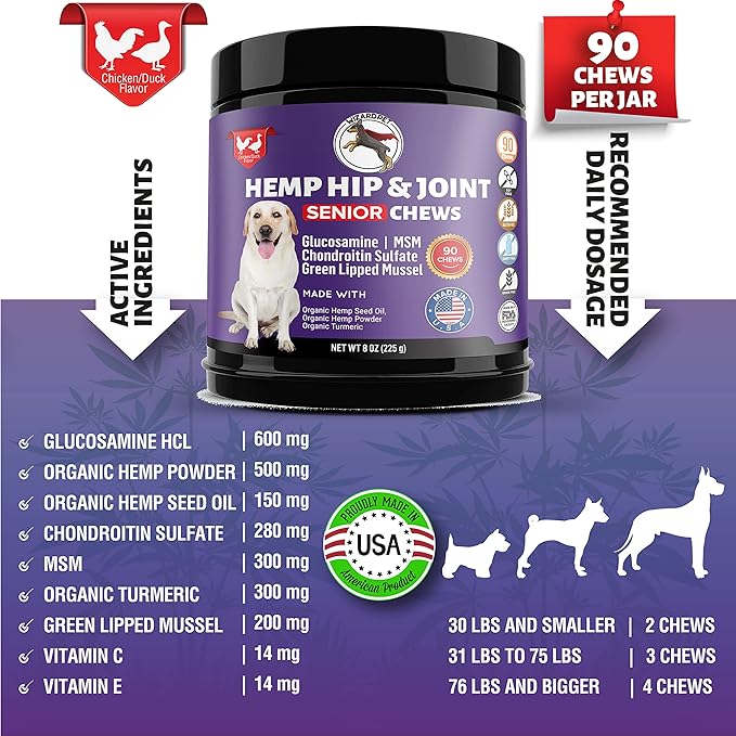 Mobility Hemp Oil Hip & Joint Supplement for Senior Dogs - Chondroitin Glucosamine MSM Turmeric Green Lipped Mussel - Extra Strength Formula for Arthritis Pain Relief & Mobility | 90 Chews