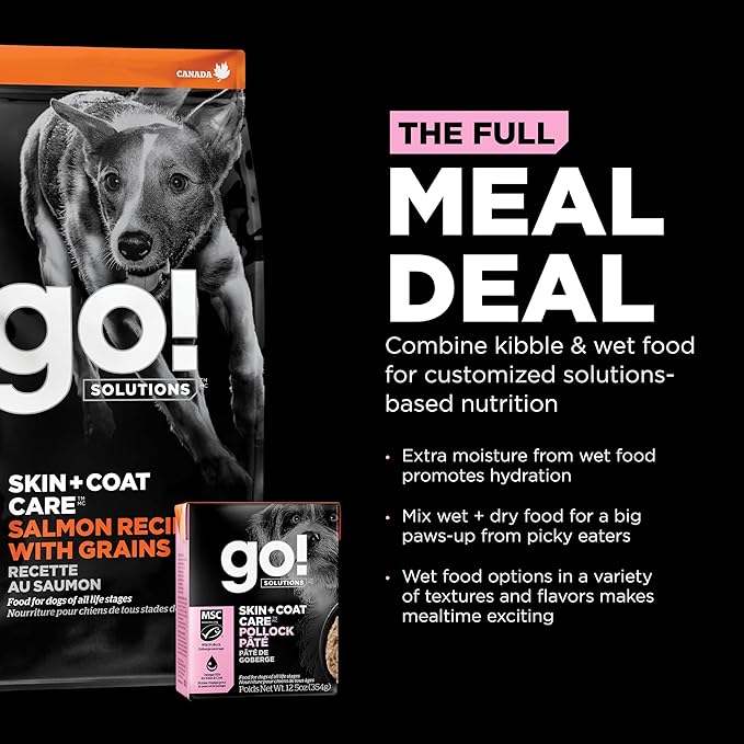 GO! SOLUTIONS Skin + Coat Care Wet Dog Food - Pollock Pâté with Grains - Complete & Balanced Nutrition for All Life Stages, 12.5 oz