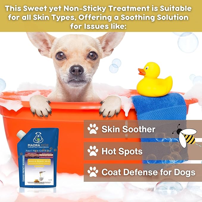 Madra Mor Milk & Honey Mud Spa Bath for Dogs | Dog Bath for Dog Grooming | 10oz Pouch Mud Bath Dog Essentials with Multi-Purpose Key Chain