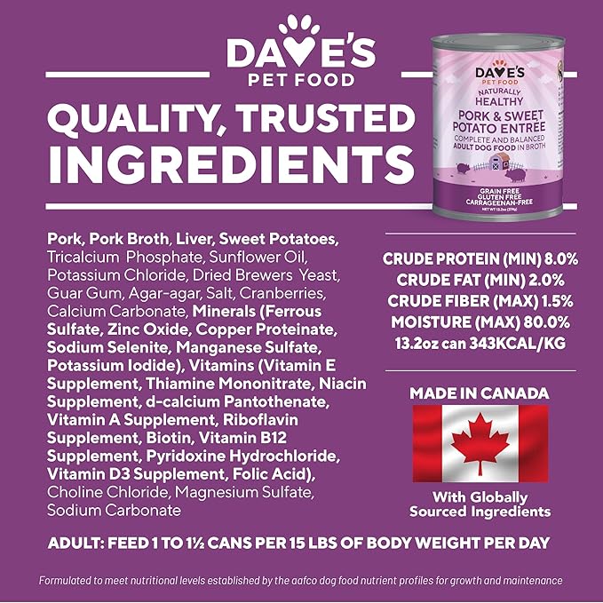 Dave's Pet Food Grain Free Wet Dog Food (Pork & Sweet Potato in Broth), Made in Canada Naturally Healthy Canned Dog Food, Added Vitamins & Minerals, Wheat & Gluten-Free, 13.2 oz (Case of 12)