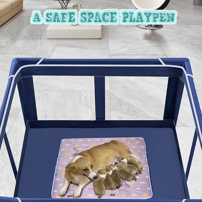 42x42x25.6 Inch Puppy Playpen with Cover, Dog Playpen for Puppies or Small Dogs, Dog Fence Pet Playpen for Indoor & Outdoor, Sturdy Safety Dog Pen with Thickened Fabric, High-Strength Nylon Wire Mesh