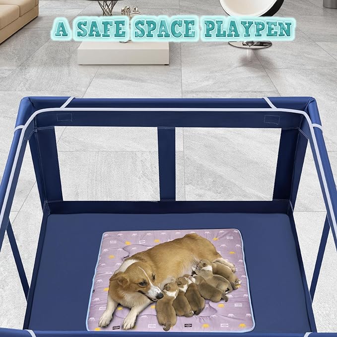 42x42x25.6 Inches Puppy Playpen with Gate, Dog Playpen for Puppies or Small Dogs, Dog Fence Pet Playpen for Indoor & Outdoor, Sturdy Safety Dog Pen with Thickened Fabric, High-Strength Nylon Wire Mesh