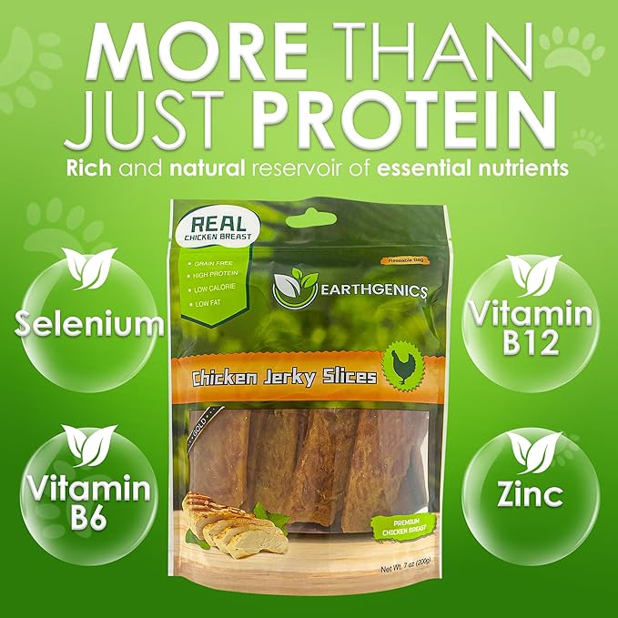 Earthgenics® Chicken Jerky Dog Treats - Lean, Tender 100% Natural Chicken Breast for All Ages, High in Protein, Minerals, B6 & B12, No Harmful Additives, Improves Skin & Coat (7oz.)