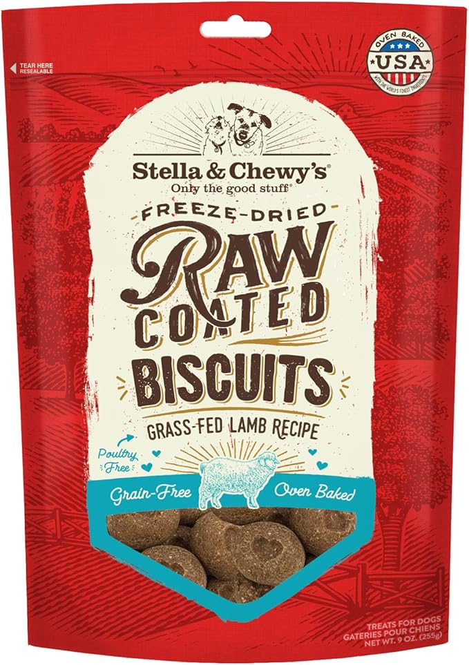 Stella & Chewy's Freeze-Dried Raw Coated Dog Biscuits – Grass-Fed Lamb Recipe – Protein Rich, Grain Free Dog & Puppy Treat – Great Snack for Training & Rewarding – 9 oz Bag