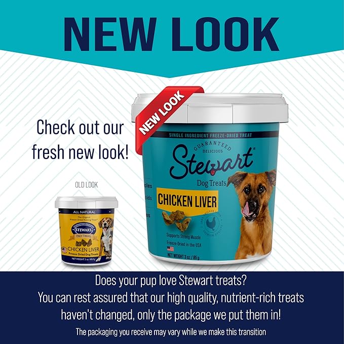 Stewart Freeze Dried Dog Treats, Beef Liver, Salmon, Chicken Liver & Chicken Breast, 4 oz, 12 oz, 14 oz, 21 oz, Resealable Tub, Grain Free & Gluten Free, Single Ingredient, Dog Training Treats