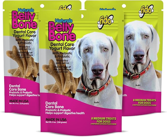 NATURALS Belly Bones for Dogs, Yogurt Flavored Medium Dog Dental Treats - 8 Treats Per Pack (3 Pack) - (Made in USA) - Plaque and Tartar Control for Fresh Breath, Digestive Health Support
