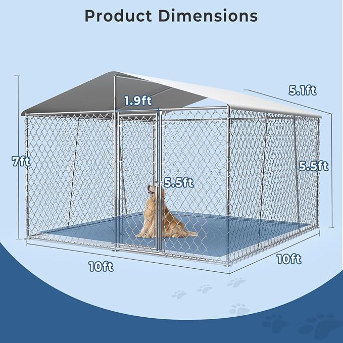 Upgraded 10×10FT Outdoor Dog Kennel with Cover Roof, Extra Large Dog Run House Pen Enclosure with Side Rod, Heavy Duty Chain Link Dog Kennel with Lock for Outside Backyard