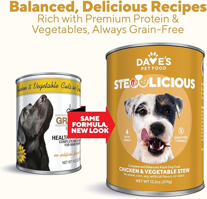 Dave's Pet Food Grain Free Wet Dog Food (Chicken & Vegetable in Gravy), Made in USA Naturally Healthy Canned Dog Food, Added Vitamins & Minerals, Wheat & Gluten-Free, 13.2 oz Cans (Case of 12)