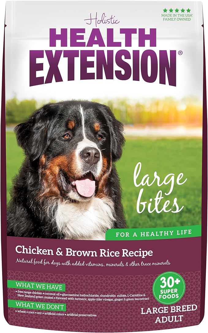 Health Extension Large Bites Dry Dog Food, Natural Food for Adult Large Breed Dogs with added Vitamins & Mineral, Chicken & Brown Rice Recipe (30 lb / 13.6 kg)