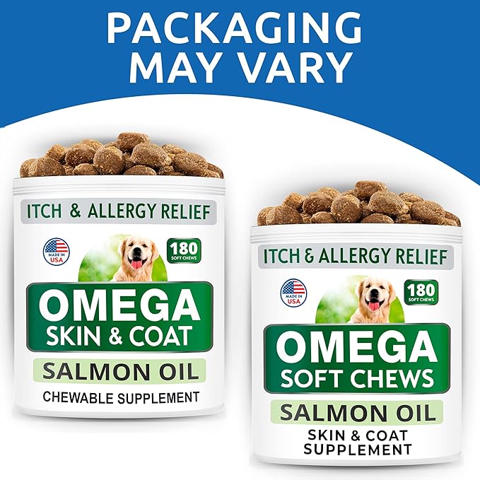 Omega 3 Dog Treats - 180 Fish Oil Chews for Shedding, Allergies, Itch Relief, Hot Spots - Joint Support - Skin & Coat - EPA & DHA - Natural Salmon Oil