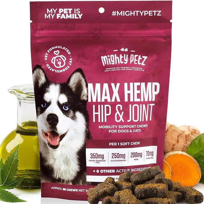Mighty Petz MAX Hemp Joint Supplement for Dogs - Glucosamine Chondroitin for Dogs. Advanced Mobility Support, Hip & Joint Relief Chews with MSM, Turmeric & Omega-3