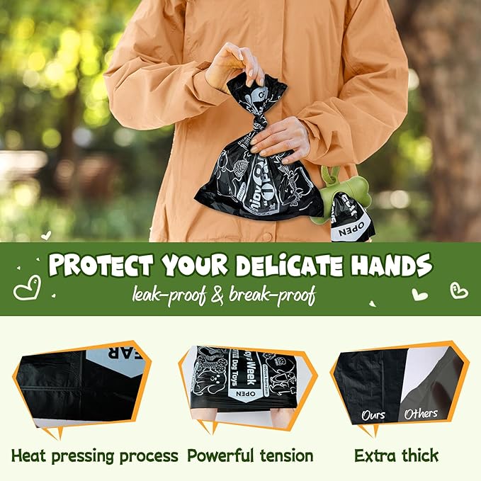 KIPRITII Strong-Endurance Dog Poop Bag Set with Dispenser & Leash Clip, Thick Waste Poop Bags for Puppy/Small/Medium/Large Dog & Cat