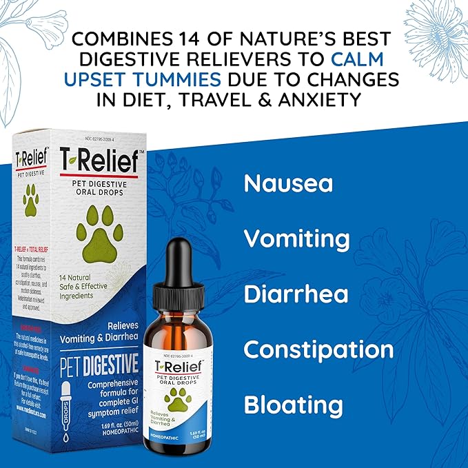 T-Relief Pet Digestive Complete GI Relief Drops for Dog & Cat Soothing Aloe + 13 Natural Homeopathic Actives Help Calm Nausea & Diarrhea from Mild Illness Food Stress or Motion Sickness - 1.69 oz