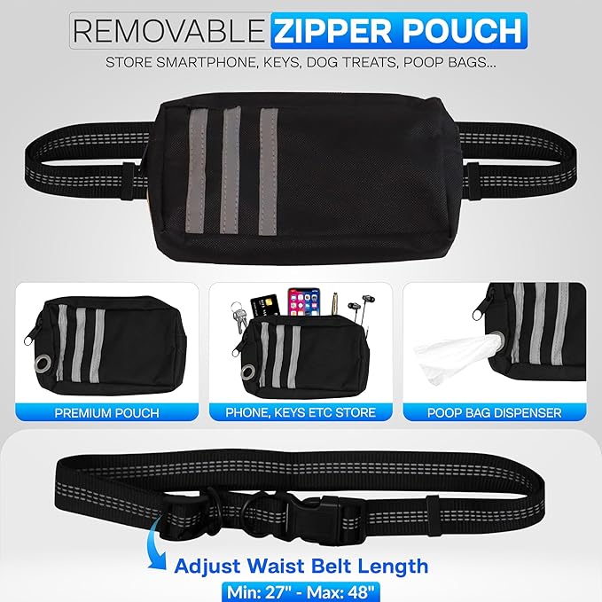 Hands Free Dog Leash with Waist Bag Fanny Pouch, Double Padded Handles, Adjustable Belt, Bungee Cord, Blue