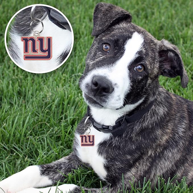 NFL New York Giants Engraving Pet ID Tags in 32 Team Logo Shapes Personalized Dog Tags and Cat Tags with 3 Lines of Customizable Text for Tracking & Safety. Stainless Steel Pet ID Tracking Tags