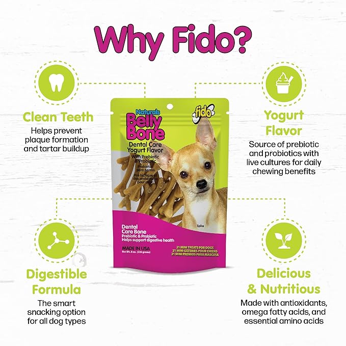 NATURALS Belly Bones for Dogs, 21 Yogurt Flavor Mini Dog Dental Treats (Made in USA) - 21 Count Dog Treats for Small Dogs - Plaque and Tartar Control for Fresh Breath, Digestive Health Support