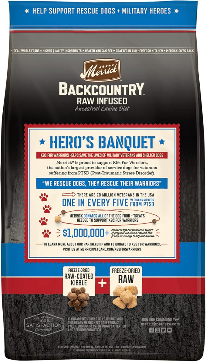 Merrick Backcountry Grain Free Dry Adult Dog Food, Kibble With Freeze Dried Raw Pieces, Hero’s Banquet Recipe - 20.0 lb. Bag