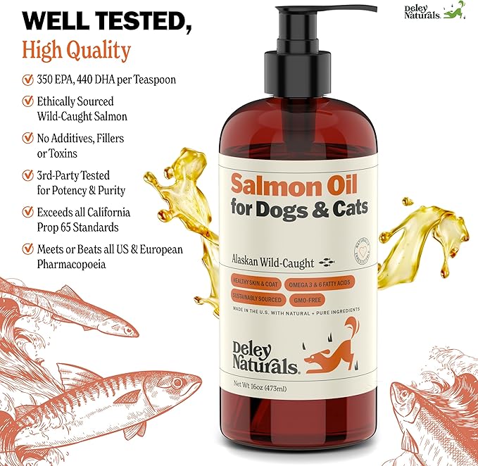 Deley Naturals Premium Alaskan Wild Caught Salmon Oil for Dogs and Cats - Omega-3 Rich Fish Oil Supplement for Healthy Skin, Coat, and Joints - All-Natural, Sustainably Sourced - 16 Oz