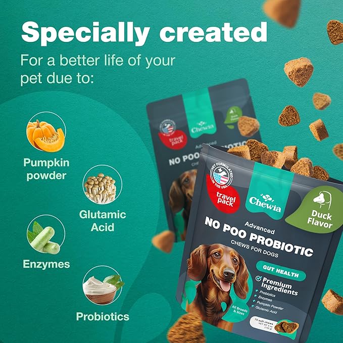 Probiotics for Dogs - No Poo Probiotc Chews for Dogs - Gut Health for All Dog Breeds & Sizes - Convenient Zip-Lock Packaging for Travelling