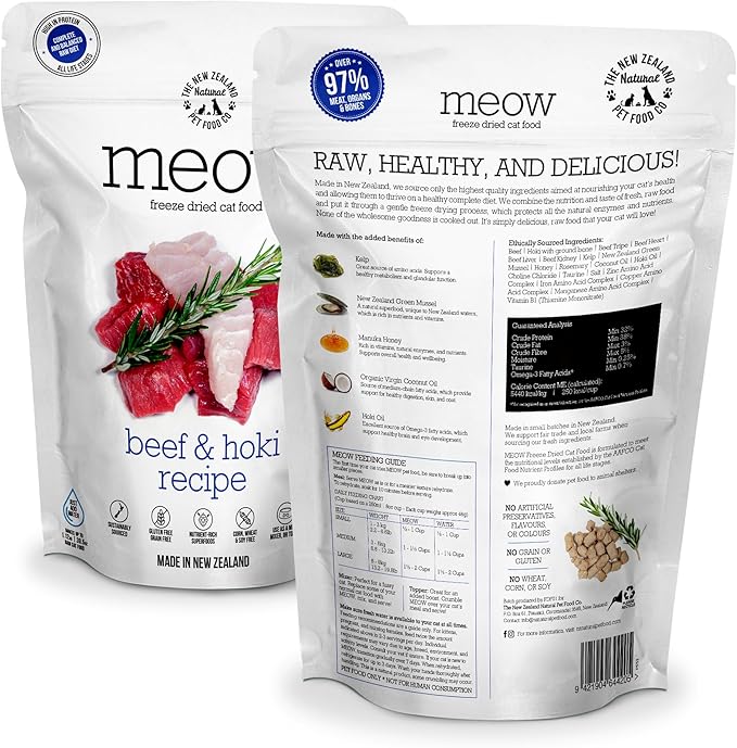 MEOW Freeze Dried Cat Food - Beef & Hoki Recipe, High Protein, Use as a Complete Diet, Topper, Mixer, or as Cat Treats, All Life Stages, 9.9 oz