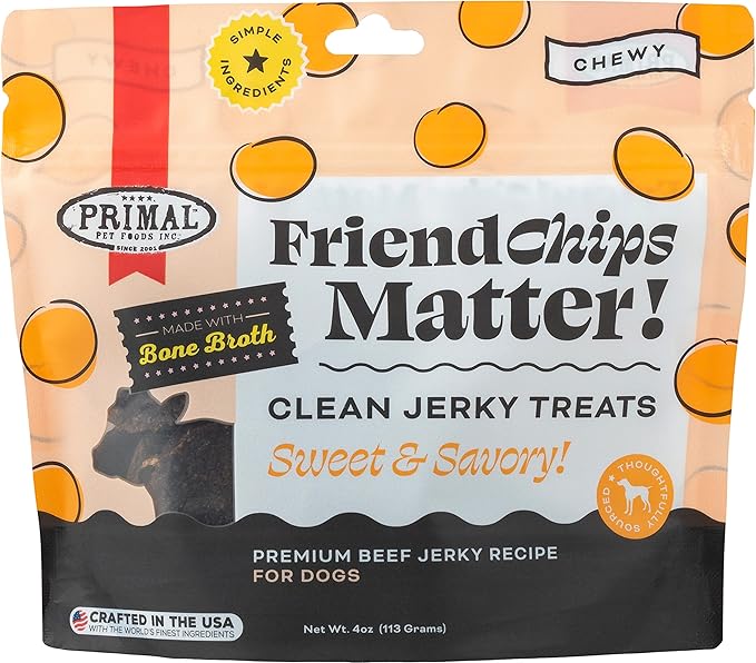 Primal Beef Jerky Dog Treats Made with Beef Bone Broth for Dogs, FriendChips Matter Chewy Dog Treat, 4 oz