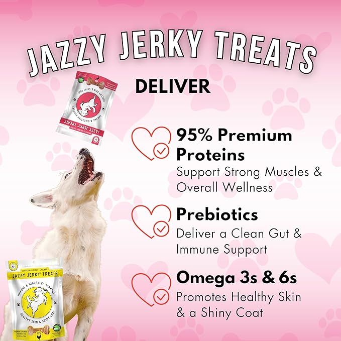Jazzy Jerky Treats Chicken and Salmon 2-PACK, 95% Protein, Prebiotics for Gut & Immune Health, Omega 3s & 6s for Skin & Coat Health, Made in USA, All ages, (Two 10 oz bags)