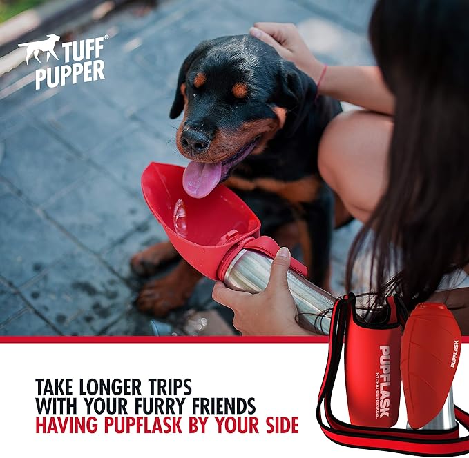 Tuff Pupper PupFlask Insulated Neoprene Dog Water Bottle Holder Sling with Wide Adjustable Shoulder Strap, Great for Travel, Walking, Hiking, Portable Pet Water Bottle Holder (27 OZ, Crimson Red)