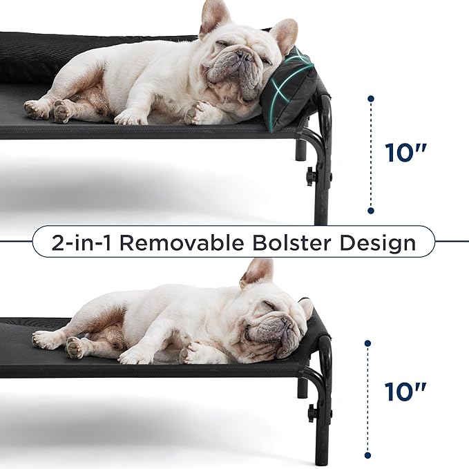 Bedsure Elevated Raised Outdoor Dog Bed - Cooling Dog Cot Bed with Bolster for Large Dog, Lifted Pet Bed with Durable Breathable Teslin Mesh, Dog Hammock Bed with Non-Slip Feet, Black, 42 inches