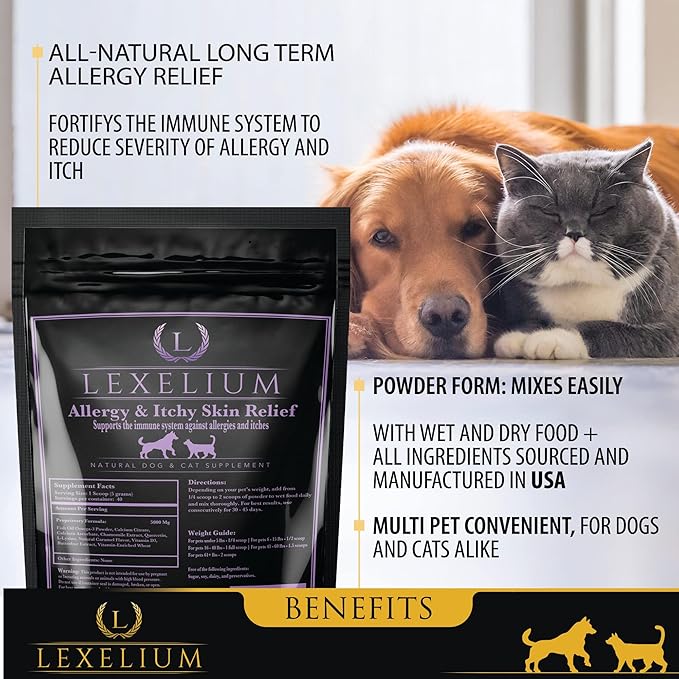 Allergy & Itch Relief Powder Supplement for Dogs & Cats - Fortified w/ Omega-3 Fish Oil | Long-term relief for Shedding, Skin & Itch, Seasonal Allergies, Hotspots - Bolsters the immune system- 200G