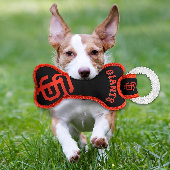 MLB San Francisco Giants Bone Shaped DENTAL DOG TUG TOY with SQUEAKER. TOUGH PET TOY for Healthy Fun, Teething, and Cleaning pet's teeth and gum.