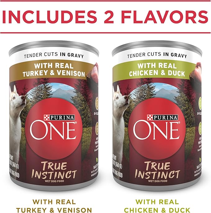 Purina ONE True Instinct Tender Cuts in Gravy With Real Turkey and Venison, and With Real Chicken and Duck High Protein Wet Dog Food Variety Pack - (Pack of 12) 13 oz. Cans