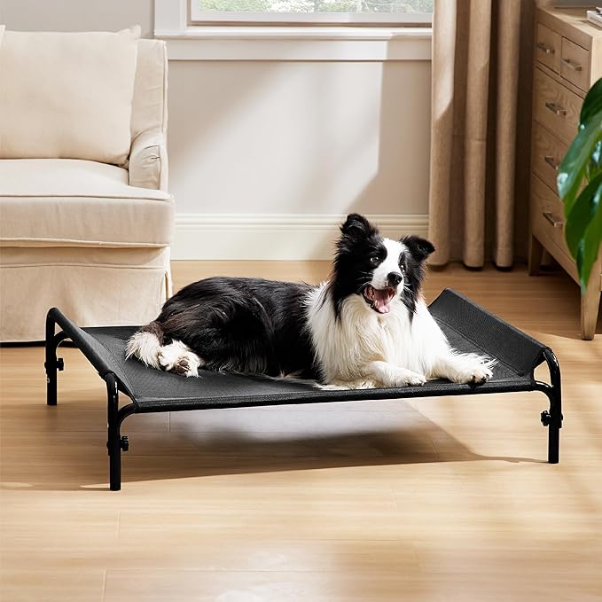 Bedsure Elevated Raised Outdoor Dog Bed - Cooling Dog Cot Bed with Bolster for Large Dog, Lifted Pet Bed with Durable Breathable Teslin Mesh, Dog Hammock Bed with Non-Slip Feet, Black, 42 inches
