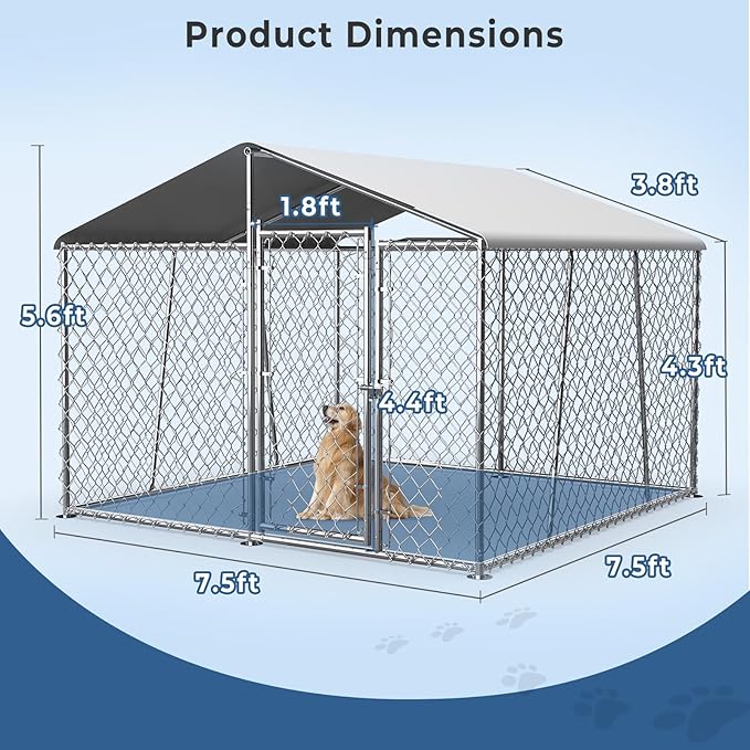 Upgraded 7.5×7.5FT Outdoor Dog Kennel with Cover Roof, Large Dog Run House Pen Enclosure with Side Rod, Heavy Duty Chain Link Dog Kennel with Lock for Outside Backyard