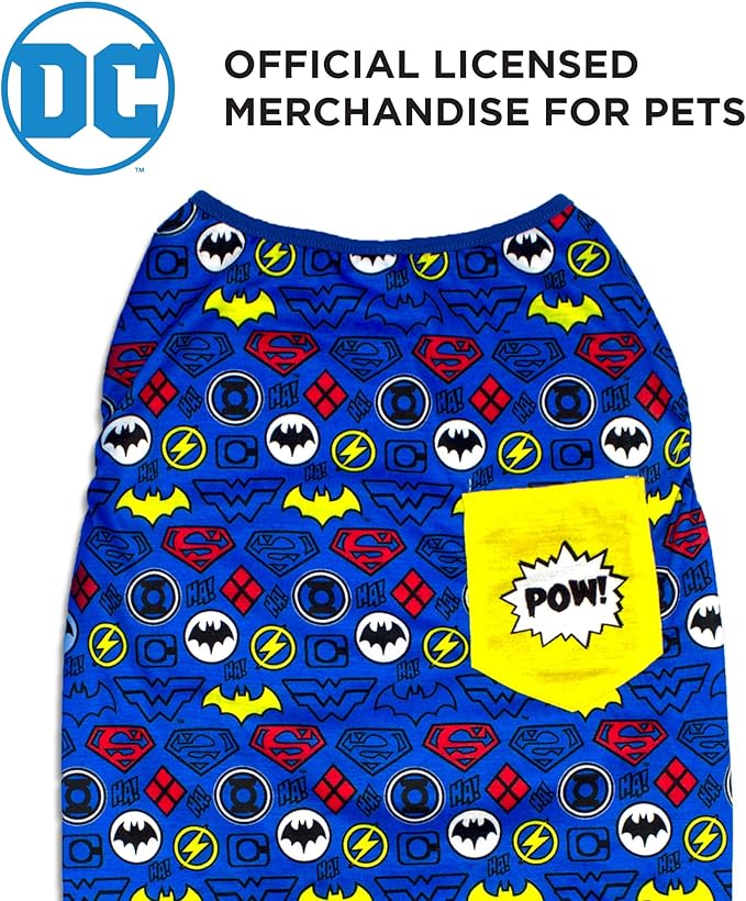 DC Comics for Pets Sleeveless T-Shirt for Dogs | DC Superheroes Logo Pattern Dog Tank Top | Blue Large Dog Tank | Cute and Comfortable Dog Tank Officially Licensed by DC Comics