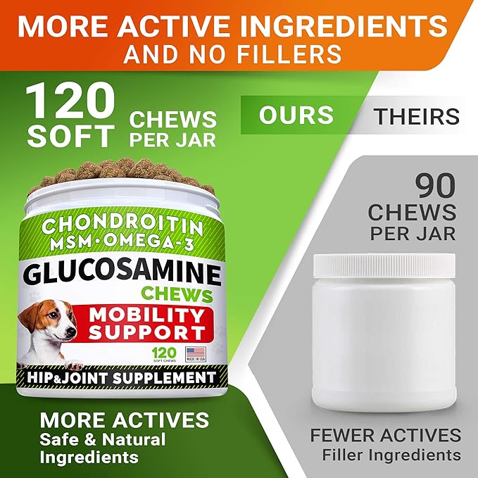 Glucosamine Treats for Dogs - Joint Supplement w/Omega-3 Fish Oil - Chondroitin, MSM - Advanced Mobility Chews - Joint Pain Relief - Hip & Joint Care - Chicken Flavor - 120 Ct - Made in USA