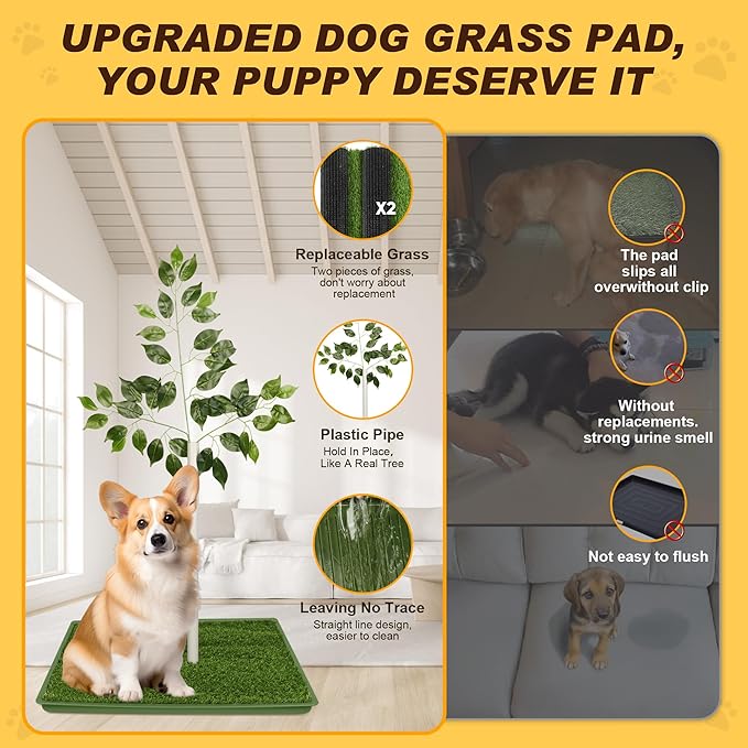 Dog Grass Pad with Tray - 2 Pack Replaceable Artificial Grass Puppy Training Pad(No Clips), Quick Absorbent Indoor Portable Potty, Washable Pee Pad for Puppy - Pet Training Solution Green