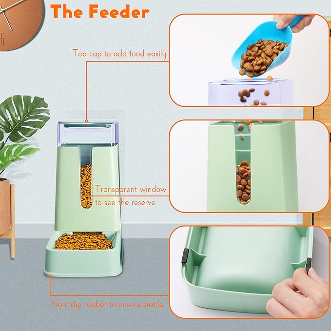 Automatic Cat Feeder and Cat Water Dispenser in Set 2 Packs Automatic Dog Feeder and Dog Water Dispenser 1 Gallon for Small Medium Big Dog Pets Puppy Kitten (green)