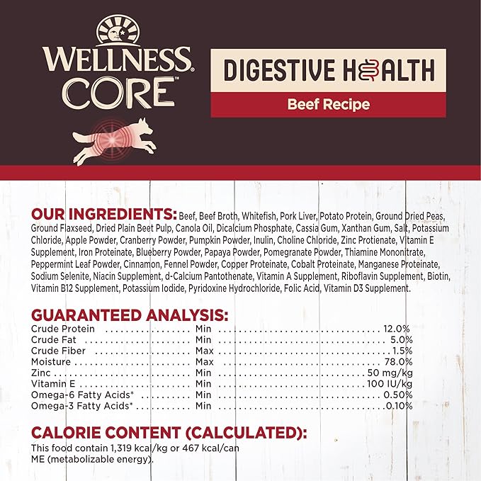 Wellness CORE Digestive Health Beef Grain Free Wet Dog Food, 13 Ounce Can (Pack of 12)