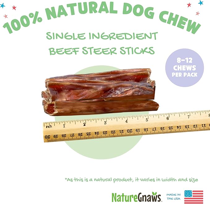 Nature Gnaws Steer Sticks - Bully Sticks for Dogs - Great for Small, Medium and Large Dogs - Made in USA, Single Ingredient - Natural Long Lasting Chew Sticks - Rawhide Free Bully Bones - 8oz