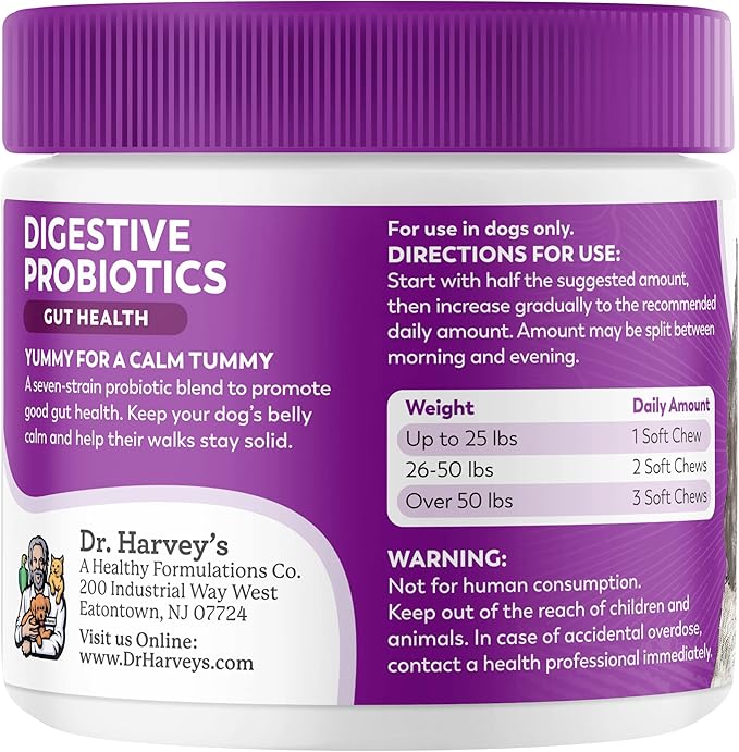 Dr. Harvey's Digestive Probiotic Soft Chews for Dogs, 7 Probiotics for Gut Health, Diarrhea and Bowel Support, Peanut Butter Flavor (90 Chews)