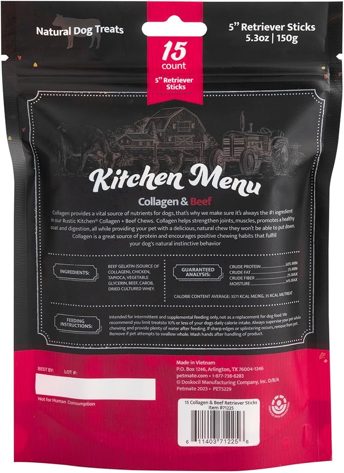 Beef Collagen Sticks for Dogs, Dog Chews Long Lasting, Rawhide Free - 15 Pack High Protein Chew Dog Treats for Small, Medium, and Large Dogs
