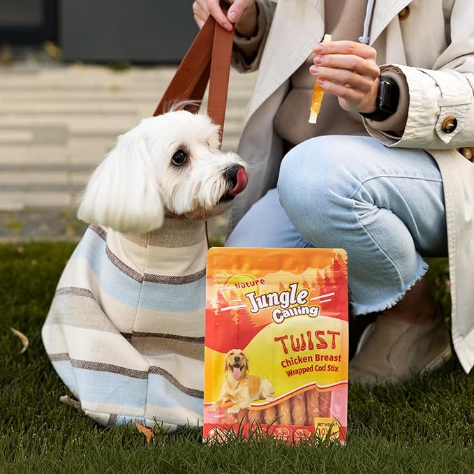 Jungle Calling Rawhide Free Healthy Treats for Dogs, Chicken Wrapped Cod Sticks Dog Treats, Soft Chewy Treats for Training Rewards, 10.6 oz (Chicken)