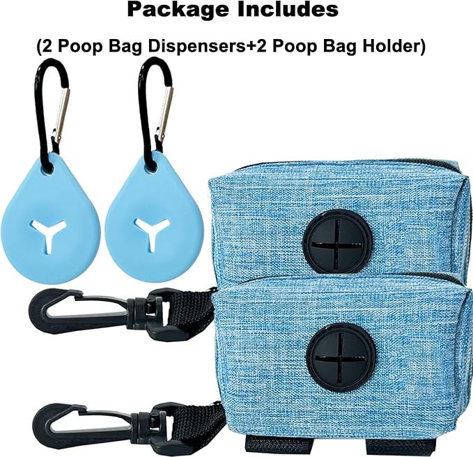 Dog Poop Bag Holder for Leash, 2 Pack Dog Poop Bag Dispenser Doggie Waste Bag Holder Puppy Poop Bag Carrier, plus 2 Waste Holder for Dispenser Carrier - Fits All Dog Leash (Blue)