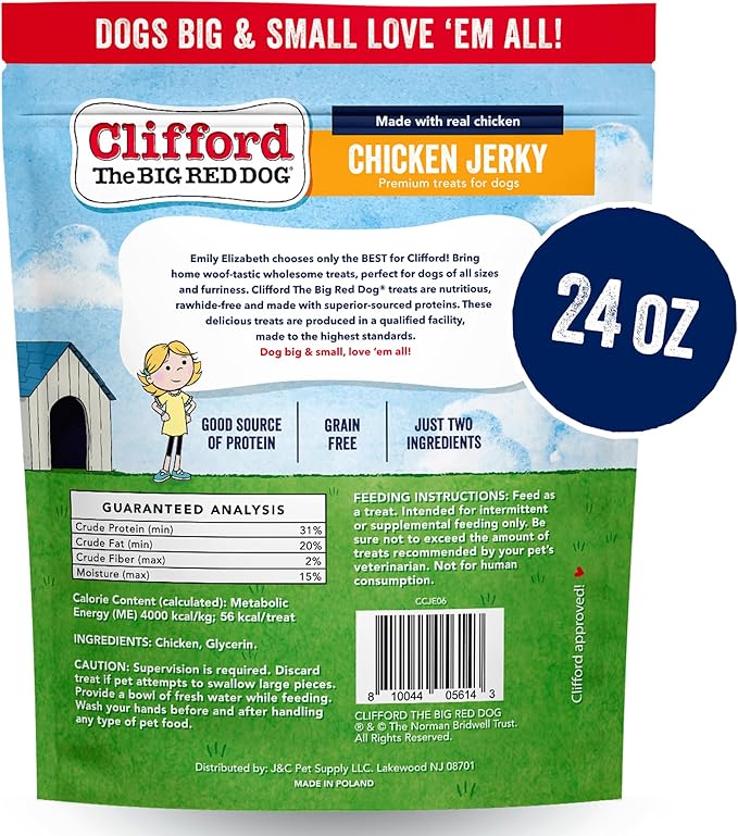 Clifford® Chicken Jerky Dog Treats | Healthy Dog Treats Small Dogs, Medium and Large Dogs | Real Chicken Jerky for Dogs, Grain Free, Rawhide Free Dog Chews - Just Two Ingredients (24oz)