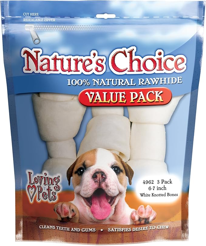 Loving Pets Nature's Choice - White Knotted Rawhide Bones for Dogs, 3 Pack of 6-7" Bones (for dogs 20-65 lbs)